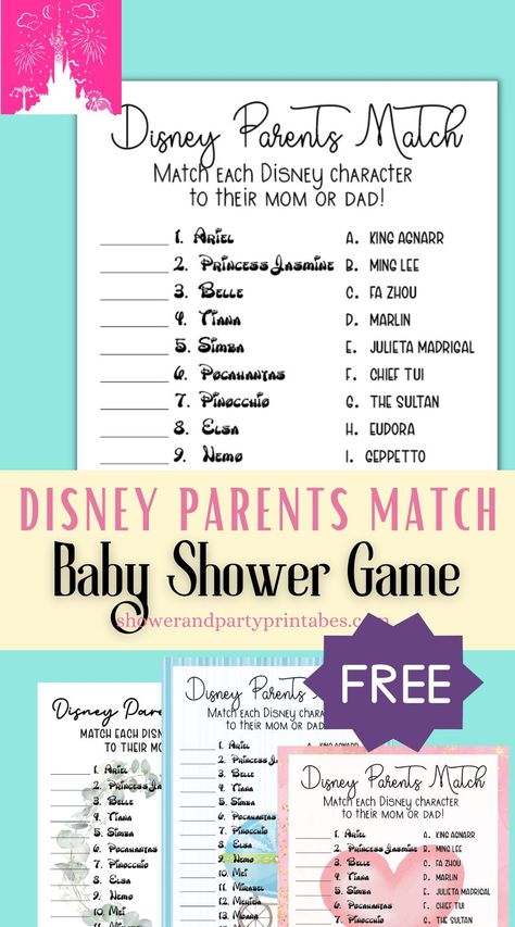 Instant download of a Disney parents matching game and answer key to use with your baby shower guests! A fun game in three different color options. Disney Baby Shower Games, Disney Themed Baby Shower Ideas, Disney Parents, Cinderella Baby Shower, Disney Baby Names, Homemade Baby Gifts, Baby Name Game, Disney Princess Babies, Gender Reveal Games