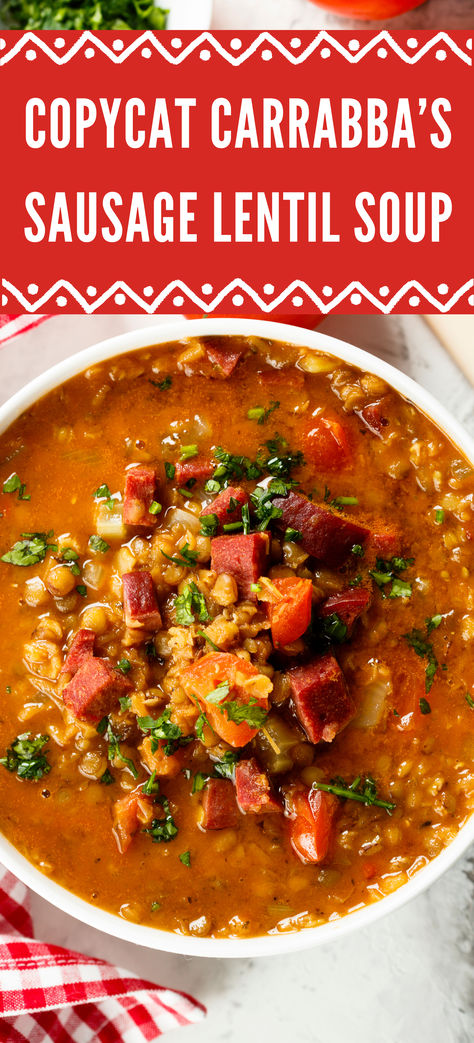 Spicy Sausage Lentil Soup 
Cozy up with a bowl of Spicy Sausage Lentil Soup, featuring bold Italian sausage, hearty lentils, smoky ham, and a medley of fresh veggies for a satisfying and flavorful meal. Carrara’s Lentil Soup, Soup With Hot Sausage, Instant Pot Sausage Soup Recipes, Lentil And Sausage Soup Recipe, Ground Pork Sausage Soup Recipes, Copycat Carrabas Lentil Soup, Spicy Sausage And Lentil Soup, Breakfast Sausage Soup Recipes, Carabas Lentil Soup