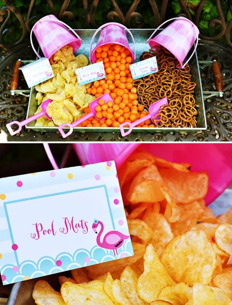 Flamingo Birthday Party Food Ideas, 1st Birthday Girl Pool Party Ideas, Luau Birthday Food, Beach Party Snacks For Kids, Flamingo Snacks, Tropical Party Snacks, Hawaiian Birthday Party For Kids, 13th Birthday Pool Party Ideas, Kids Luau Birthday Party