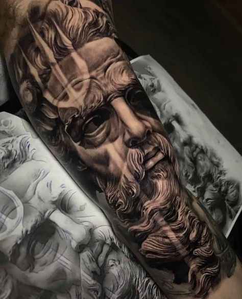 Poseidon Statue Tattoo, Poseidon Tattoo Leg, Neptune Tattoo Poseidon, Poseidon Trident Tattoo, Trident Tattoos, Neptune Tattoo, Hercules Tattoo, Big Tattoos, Trident Tattoo