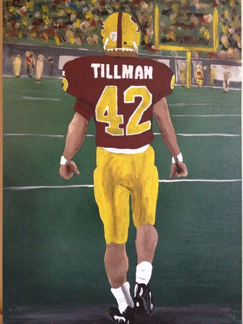 "Tillman" #01 ASU Football painting based on tunnel entrance photograph of Pat Tillman. Spray paint and acrylic on canvas. Private collection. When I was working on this my son and his friends kept coming by and touching the painting so I made them help me with the crowd in the background. Finger print people! Football Paintings On Canvas, Football Painting Ideas Canvas, Football Painting Canvases, Football Painting Ideas, Football Canvas Painting, Football Painting, Tunnel Entrance, Pat Tillman, Football Paintings