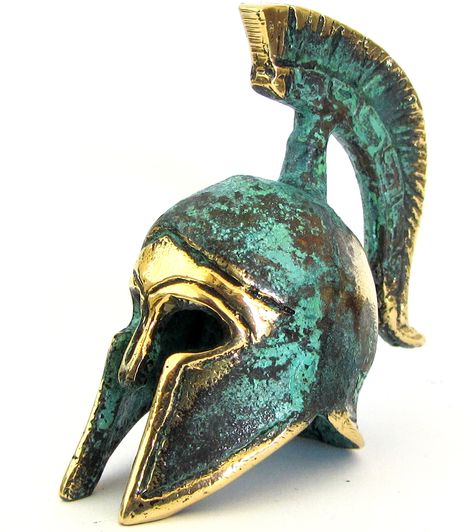 PRICES MAY VARY. Ancient Greek Spartan helmet from the Peloponnesian city of Sparta, dated 480 B.C. Period: Greek Age (6th-4th century B.C.) Code: 387 Dimensions: 7x6cm or 2.75x2.35in / Weight: 100gr / Material: BRONZE / Color: GREEN/GOLD OXIDIGATION This is a handmade Spartan style helmet made in Greece, from 100% bronze using the traditional “lost wax” technique. This is the same technique used by the ancient Greeks to create bronze sculptures and arsenal. The prototype which it was made by is Ancient Greece Art, Greek Helmet, Helmet Tattoo, Ancient Greek Jewelry, Greek Decor, Mykonos Blue, Elephant Home Decor, Character Statue, Spartan Helmet