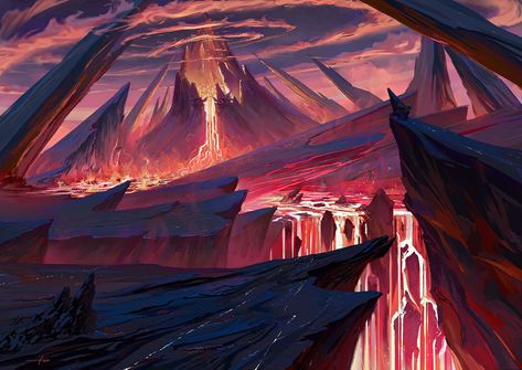 Volcano Illustration, Illustration Techniques, Landscape Concept, Illustration Ideas, Biome, Fantasy Places, Fantasy Setting, Fantasy Art Landscapes, Fantasy Concept Art