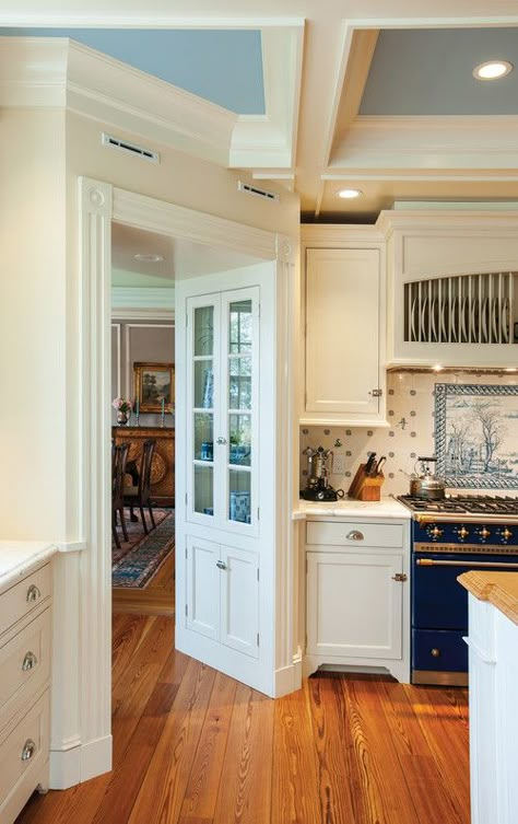 Greek Revival Kitchen, Crown Point Cabinetry, Blue And White Kitchen, Greek Villa, Greek Revival Home, Cabinet Paint, Brick Backsplash, Face Frame, Small Kitchens