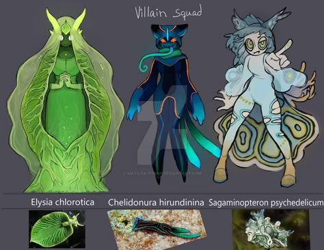 Sea slug villain squad | Gijinka / Moe Anthropomorphism | Know Your Meme Jungle Juice, Sea Slug, Creature Drawings, Mythical Creatures Art, Creature Concept Art, Slug, Creature Concept, Character Design References, Creature Design