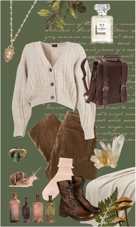 Botany Scholar Clothing, Book Character Inspired Outfits, Bookish Aesthetic Outfit, Botanist Aesthetic Outfit, Art Deco Aesthetic Outfit, Foraging Outfit, Japan Wardrobe, Outfit Ideas Cottagecore, Fall Cottagecore Outfits