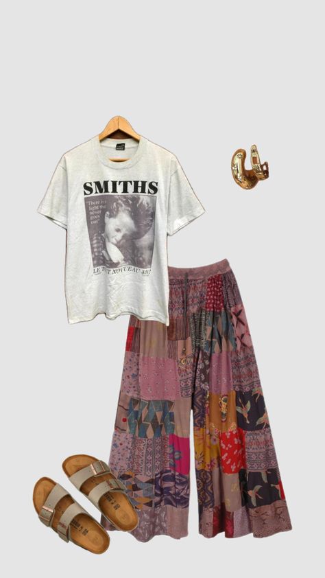 Hippie aesthetic outfit inspo #hippieaesthetic #thesmiths #hippie #birkenstocks #hippiepants #patchworkpants #earrings #iamabaldman #outfitinspo #vintage #beauty #vibes #wallpaper #fyp #f4f #outfitinspiration Hippie Aesthetic Outfit, Granola Outfits, Hippie Tank Tops, Hippie Aesthetic, Beauty Vibes, Boho Outfit, Vibes Wallpaper, Funky Outfits, Aesthetic Outfit