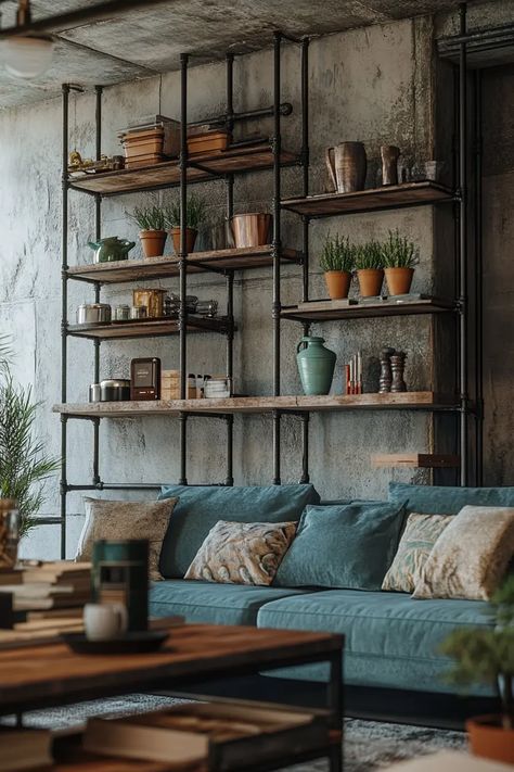 36 Industrial Living Room Design Ideas for Modern Home Decor | VIVA Industrial Vibe Interior Design, Rustic Industrial Farmhouse Living Room, Cottage Core Industrial, Retro Industrial Design, Colorful Industrial Interior, Industrial Room Decor, Blue Industrial Living Room, Rustic Industrial Decor Living Room, Japanese Industrial Interior