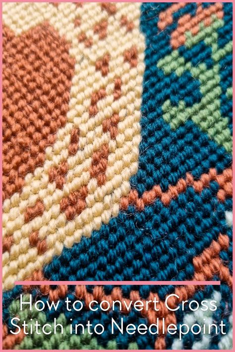 How to convert Cross Stitch into Needlepoint - Craft with Cartwright Vintage Needlepoint Patterns, Needlepoint Finishing Ideas, Ehrman Tapestry, Tent Stitch, Cross Stitch Boards, Needlepoint Tapestry, Needlepoint Stitches, Needlepoint Designs, Vintage Needlepoint