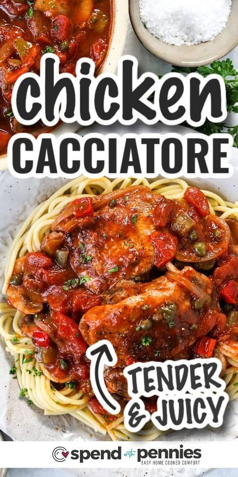 Chicken Cacciatore is a super easy-to-make recipe that tastes great over pasta or rice. Braised chicken thighs are slow cooked in a savory sauce made with diced tomatoes and hearty vegetables and herbs. This hearty dinner is perfect served over pasta or rice. Try it with a side salad and some Italian bread for dinner with a rustic appeal. #chickencacciatore #recipe #italian #spendwithpennies Tortellini Casserole, Easy Homemade Lasagna, Baked Tortellini, Cacciatore Recipes, Chicken Cacciatore Recipe, Meatball Recipes Easy, Homemade Lasagna, Chicken Cacciatore, Chicken Dishes Recipes