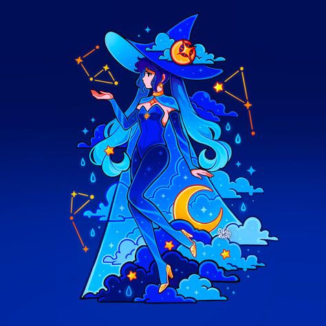 Space Witch Art, Astrology Witch Outfit, Water Magic Art, Blue Witch Aesthetic, Celestial Witch Aesthetic, Night Concept Art, Cute Witch Illustration, Galaxy Things, Witch Drawings