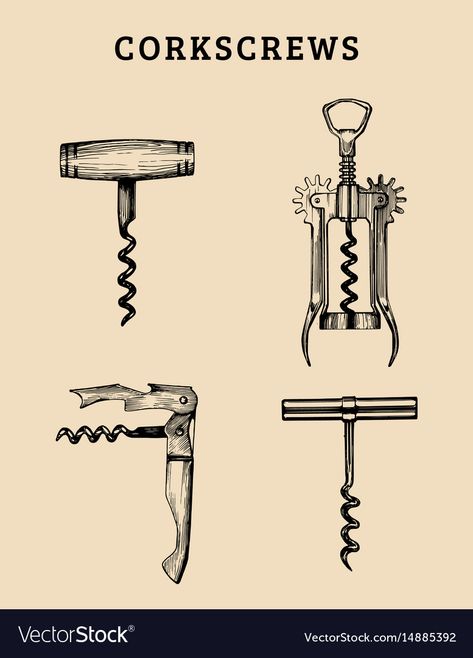 Wine Opener Tattoo, Corkscrew Tattoo, Corkscrew Illustration, Corkscrew Drawing, Wine Illustration Art, Wine Illustration, Wine Tattoo, Wine Images, Retro Illustrations