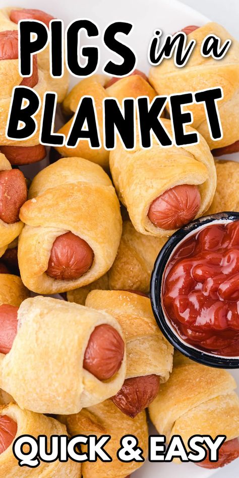 A fun and classic party food, Pigs in a Blanket are made with flaky crescent rolls and cocktail wieners. A yummy treat for both kids and adults. Sausage In A Blanket, Hot Dog Appetizers, Hot Dog Crescent Rolls, Cocktail Wieners, Pigs In A Blanket Recipe, Cocktail Sausages, Easy To Make Snacks, Bite Size Appetizers, Canned Biscuits