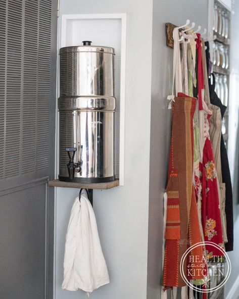 Berkey Storage Ideas, Berkey Water Stand Ideas, Berkey In Kitchen, Diy Berkey Water Filter Stand Ideas, Berkey Stand Ideas, Berkey Water Filter Cabinet, Diy Berkey Stand, Berkey Water Filter Kitchens, Berkey Water Filter Stand Ideas