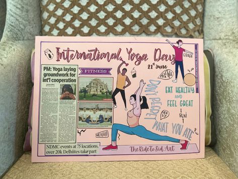 #yogaday #fitnessmotivation #workout #schoolprojects #posterdesigns Poster On Yoga Day Handmade, Poster On International Yoga Day, Handmade Poster Ideas Creative, Fit India Poster Drawing, Cultural Drawing, School Magazine Ideas, Holiday Homework, Front Cover Designs, Handmade Poster