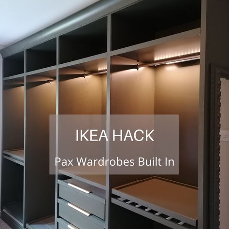 Ikea Pax L Shaped Closet, Black Closet Interior, Ikea Built In Closet, Modern Built In Wardrobe, Modern Master Closet, Pax Ikea Wardrobe, Ikea Walk In Closet, Ikea Closet Ideas, Ikea Pax Wardrobe Hack