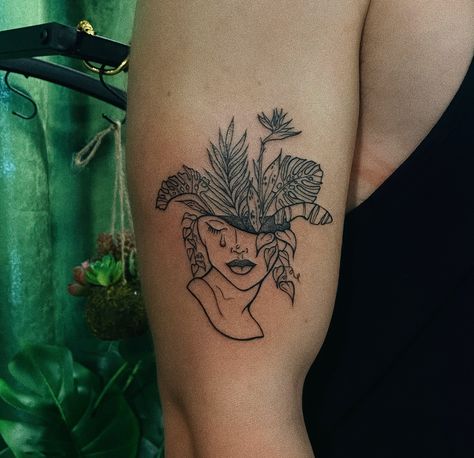 Woman Plant Head Tattoo, Woman Plant Tattoo, House Plant Tattoos For Women, Plant Face Tattoo, Plant Theme Tattoo, Nature Tattoos Patchwork, Patchwork Plant Tattoo, Plant Head Tattoo, Alocasia Tattoo