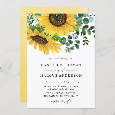 Wedding Invitations & Templates | Zazzle Sunflower And Eucalyptus, Sunflower Invitations, Watercolor Sunflowers, Postcard Wedding Invitation, Eucalyptus Wedding Invitation, Gold Foil Wedding Invitations, Wedding Postcard, Sunflower Wedding Invitations, Watercolor Eucalyptus