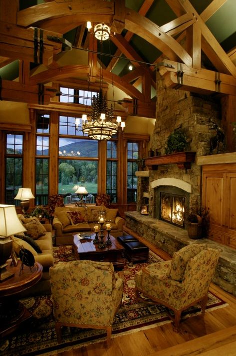 Rustic lodge living room with fireplace so cozy Cabin Style Living Room, Log Cabin Kitchens, Interior Design Rustic, Cabin Kitchens, Design Salon, Cabin Living, Log Cabin Homes, Cabin Style, Rustic Living