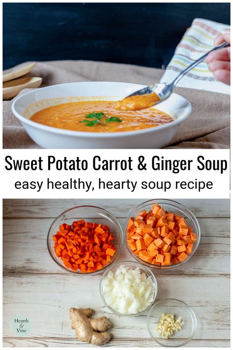 Sweet Potato And Ginger Soup, Carrot Sweet Potato Ginger Soup, Sweet Potato And Carrot Recipes, Carrot Sweet Potato Soup, Carrot And Sweet Potato Soup, Sweet Potato And Carrot Soup, Potato And Carrot Soup, Carrot And Ginger Soup, Sweet Potato And Carrot