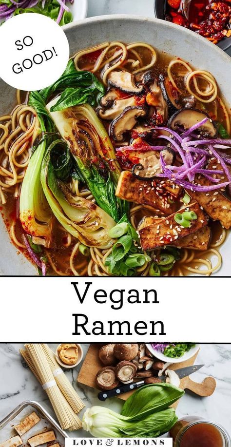 A homemade mushroom broth adds rich, umami flavor to this vegan ramen recipe. Filled with chewy noodles, veggies, and tofu, it's comfort in a bowl! Vegan Ramen Recipes, Vegetarian Gourmet, Lemons Recipes, Chewy Noodles, Japanese Noodle Soup, Recipe Mushroom, Vegetarian Ramen, Mushroom Broth, Ramen Recipe