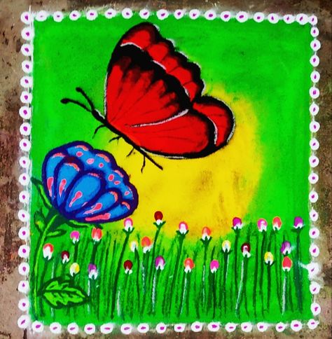 Beautiful Butterfly Butterfly Kolam, Butterfly Rangoli, Rangoli Photos, Big Rangoli Designs, Kolam Rangoli, Colorful Rangoli Designs, Diwali Rangoli, Free Hand Rangoli, Free Hand Rangoli Design