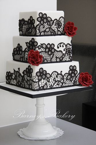 Black, White, Red Cake White And Black Wedding, Black Wedding Cake, Black And White Wedding Cake, Red And White Weddings, Square Wedding Cakes, Purple Wedding Cakes, White Cakes, Black Wedding Cakes, Lace Wedding Cake