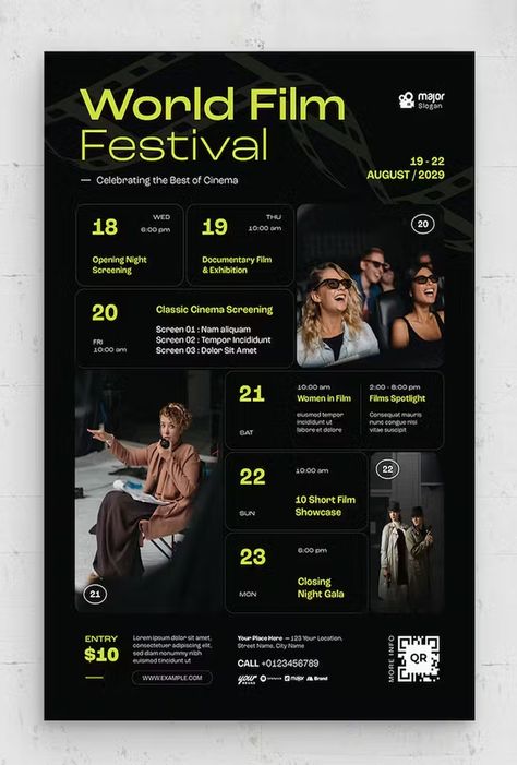 Film Festival Event Schedule Flyer Template AI, EPS Festival Schedule, Schedule Poster, Movie Screening, Cinema Wedding, Movie Cinema, Day Schedule, Movie Screen, Opening Night, Documentary Film