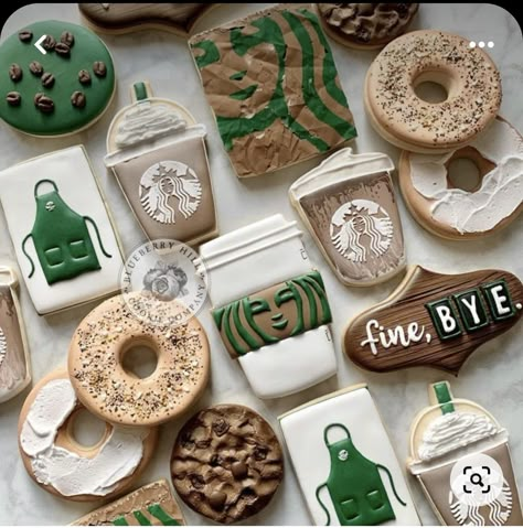 Starbucks Royal Icing Cookies, Starbucks Themed Cookies, Coffee Bean Cookies Decorated, Bagel Cookies Decorated, Cookie Decorating Inspiration, Starbucks Cookies Decorated, Creative Cookie Decorating Ideas, Unique Sugar Cookies, Coffee Cookies Decorated