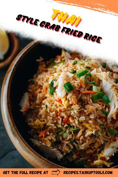 Discover the authentic flavors of Thailand with this delicious Thai Style Crab Fried Rice recipe. Bursting with fresh crab meat, fragrant jasmine rice, and a medley of colorful vegetables, this dish is a perfect balance of sweet, savory, and spicy. Ideal for a quick weeknight dinner or impressing guests at your next gathering, this fried rice will transport your taste buds to the streets of Bangkok. Read on for cooking tips and variations that will make this dish a family favorite. Pin this recipe for a Thai Fried Rice Recipe Authentic, Crab Rice Recipe, Crab Meat And Rice Recipe, Crab Meat Rice Bowl, Crab Paste Fried Rice, Crab Fried Rice Recipe Thai, Thai Fried Rice Recipe, Crab Fried Rice Recipe, Thai Crab Fried Rice