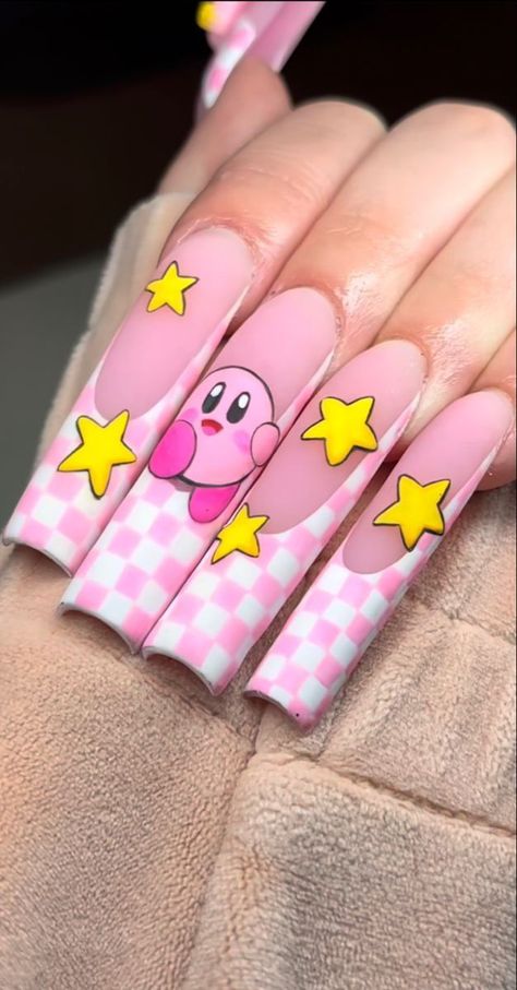 Pink Pokemon Nails, Cute Cartoon Nail Designs, 5xl Nails, Character Acrylic Nails, Nails Acrylic Coffin Birthday, Wedding Nails For Bride Oval, Nails Cartoon Design, Coffin Birthday Nails, 2023 Nails Short