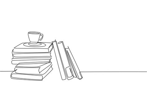 One continuous line drawing of pile of books and a cup of coffee on office desk. Work space table with books stack concept. Single line draw design illustration Book On Table Drawing, Work Space Table, Office Desk Work, Notion Inspiration, One Continuous Line Drawing, Bracelet Tattoos, Line Doodles, Miniature Embroidery, Pile Of Books