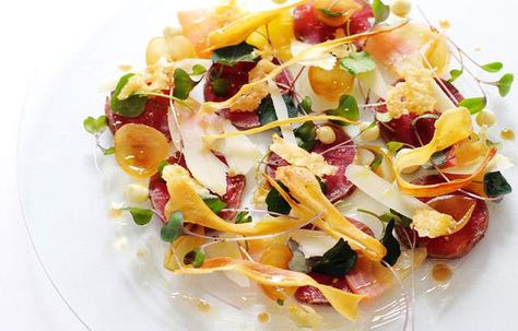 Venison carpaccio Paul Ainsworth Recipes, Venison Carpaccio, Beef Carpaccio Recipe, Venison Loin, Parsnip Crisps, Carpaccio Recipe, Parsnip Puree, Beef Carpaccio, Starter Recipes