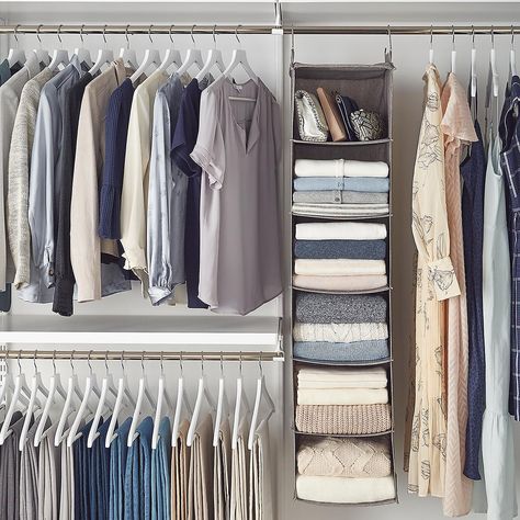 Grey 6-Compartment Hanging Sweater Organizer | The Container Store Maximize Small Closet Space, Maximize Small Closet, Sweater Organizer, Wide Closet, Sweater Organization, Diy Clothes Storage, Hanging Storage Shelves, Built In Shelving, Closet Storage Bins