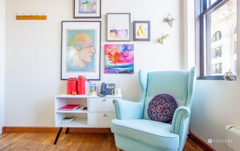 Therapy Offices We Adore: 72 Therapy Spaces That Inspire | Zencare Small Psychotherapist Office, Counseling Office Space Design, Zen Therapy Office, Colorful Therapy Office, Small Play Therapy Office, Blue Therapy Office, Art Therapy Room Design, Play Therapy Office Set Up, Play Therapy Room Design