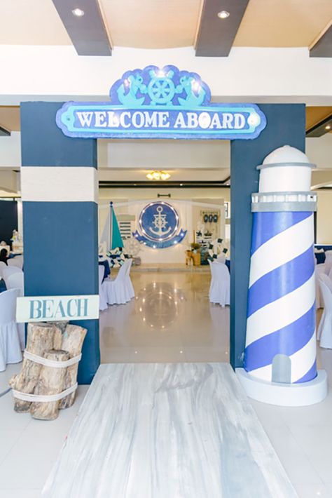 Boat Naming Ceremony, Nautical Themed Birthday Party, Nautical Theme Backdrop, Nautical Centerpiece Ideas, Nautical Birthday Party Decorations, Nautical Backdrop, Sailor Decor, Baptism Reception, Nautical Baby Shower Boy