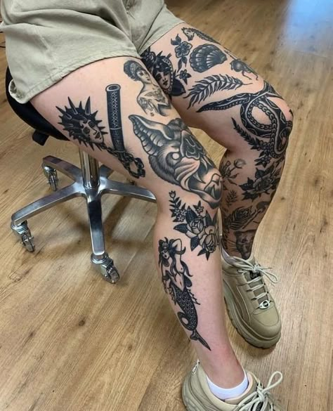 Loteria Traditional Tattoo, Black Neo Traditional Tattoo, Snake Knee Tattoo, Mixed Style Tattoo Sleeve, Traditional Thigh Tattoo, Traditional Tattoo Leg Sleeve, Traditional Tattoo Woman, Leg Tats, Traditional Black Tattoo