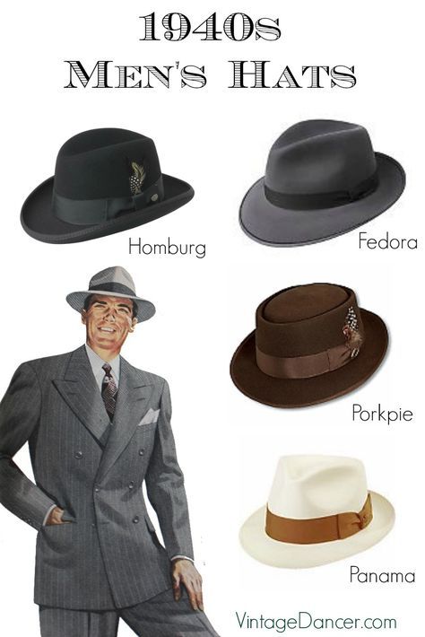 1940s men's hats styles. Homburg, Fedora, Porkpie and straw Panama are the most common styles. Learn and shop at VintageDancer.com Men Hats Styles, 40s Mode, Style Androgyne, 1940s Mens Fashion, Vintage Men Style, Mens Hats Vintage, Mens Hats Fashion, Fashion 1940s, 1940's Fashion