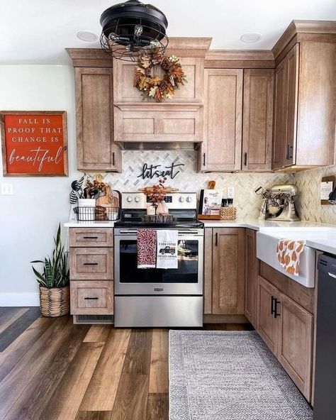 Nicole Gates Grey Walls With Wood Cabinets, Kitchen Farmhouse Flooring, Herringbone Backsplash Kitchen, White Herringbone Backsplash, White Baseboards, Grey Grout, Grey Countertops, Herringbone Backsplash, White Kitchen Island