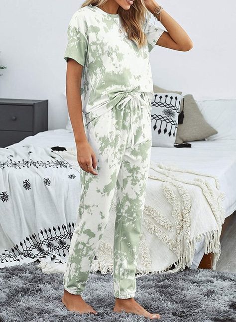 Asvivid Tie-Dye Lounge Set Tie Dye Loungewear, Cute Streetwear, T Shirt And Pants, Green And Gray, Chasing Dreams, Green Tie, Loose Fitting Tops, Tie Dye Shorts, Home Lifestyle