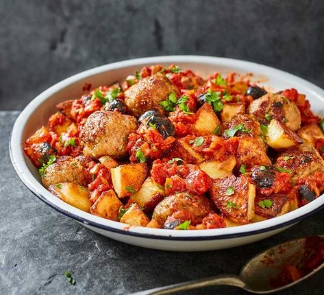 Simply Potatoes, Fresh Olives, Tapas Dishes, Pork Meatballs, Tapas Recipes, Spicy Tomato Sauce, Bbc Good Food, Bbc Good Food Recipes, Food Magazine