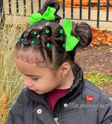 Christmas Hair Styles Toddler, Thanksgiving Toddler Hairstyles, Candy Cane Hairstyles For Kids, Dance Class Hair, Christmas Tree Hairstyles For Kids, Christmas Hairstyles For Toddlers, Christmas Toddler Hairstyles, Toddler Christmas Hairstyles Girl, Girl Christmas Hairstyles