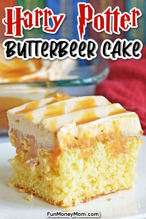 Butterbeer Dessert Recipes, Butter Beer Cake Recipe, Harry Potter Cake Recipes, Harry Potter Baking Recipes, Butterbeer Desserts, Harry Potter Sheet Cake, Easy Harry Potter Cake, Butterbeer Cake Recipe, Beer Cake Recipe