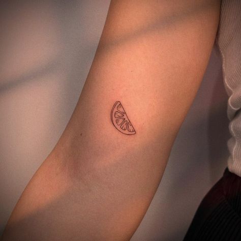 Watermelon Tattoo Minimalist, Aperol Spritz Tattoo Fine Line, Calamansi Tattoo, Fruit Slice Tattoo, Aesthetic Fine Line Tattoos, Fine Line Fruit Tattoo, Simple Fruit Tattoo, Lime Wedge Tattoo, Small Orange Tattoo