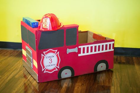 DIY fire truck, great for party photo booth or costume pretendplay! Fire Truck Out Of Cardboard, Fire Truck Box Car, Fire Truck Cardboard Box Car, Birthday Party Ideas Halloween, Diy Fire Truck, Fire Truck Birthday Party Ideas, Truck Birthday Party Ideas, Fire Truck Birthday Party, Party Ideas Halloween