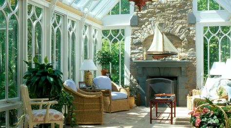 Greenhouse Attached To House, Sunroom Greenhouse, Sunroom Fireplace, Conservatory Sunroom, Modern Conservatory, Traditional Greenhouses, Gabled Roof, Conservatory Design, Living Room Fireplace