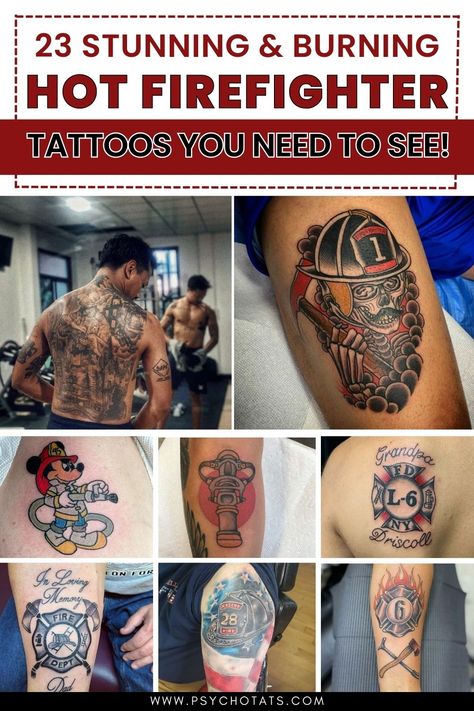 #FirefighterTattoos #TattooIdeas #TattooDesigns Firefighter Mom Tattoo, Fire Fighter Tattoos For Men, First Responder Tattoo Ideas, Traditional Firefighter Tattoo, Fire Dept Tattoos, Firefighter Tattoo Ideas, Female Firefighter Tattoo, Firefighter Tattoo Sleeve, Fireman Tattoo