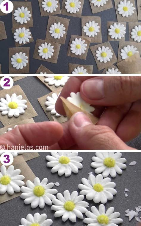 Chocolate Daisy Flower, Royal Icing Flowers On Cake, Royal Icing Drop Flowers, Diy Icing Flowers, Daisy Royal Icing Transfers, Royal Icing Molds, Daisy Piping Tutorial, Edible Daisy Flowers, Royal Icing Daisies