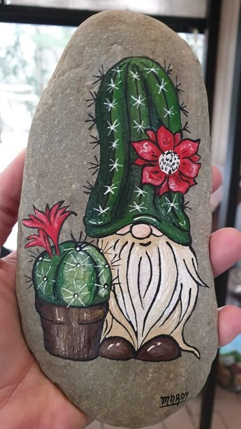 Rock Gnomes, Gnome Rocks, Gnome Paint, Rock Cactus, Rock Art Ideas, Shell Painting, Rock Animals, Painted Rock Animals, Diy Rock Art