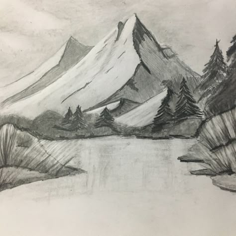 Landscape Drawings Mountain, Pencil Mountain Drawing, Mountain Sketch Pencil, Mountain View Drawing, Mountain Drawing Pencil, Mountain Sketch Landscapes, Mountain Pencil Drawing, Mountain Drawing Sketches, Landscape Drawing Easy